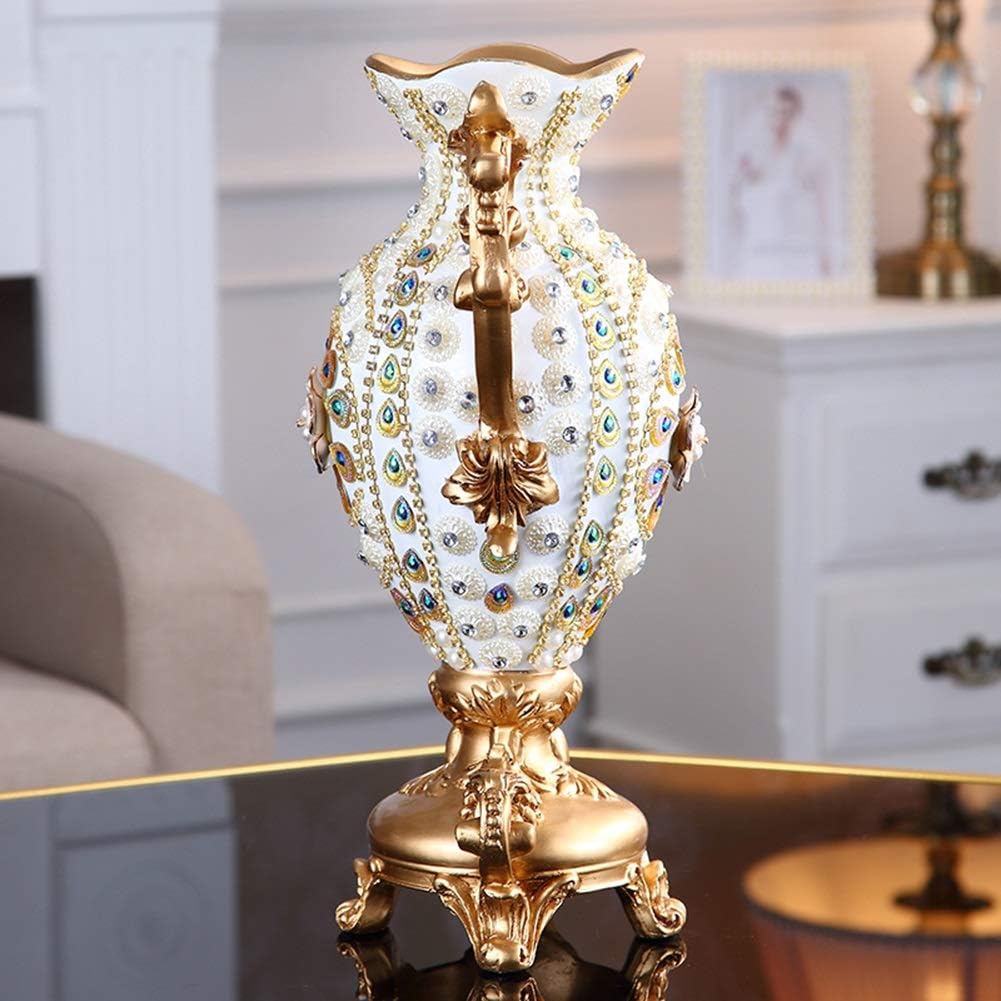 European-style Retro Resin Large Flower Vases for Living Dining Room Table Centerpiece Bedroom Office Hotel Home Decoration Hand-painted Tall Decorative Vase, Best Wedding Gift( White 41×30cm)