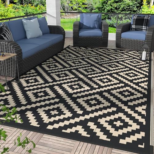 Image of GENIMO Outdoor Rug 4'x6' Waterproof, Reversible Camping Mat, Plastic Straw Rugs for Patio, RV, Camper, Balcony, Backyard, Picnic, Deck (Black & Beige) | Outside Larger Modern Carpet Mat for Porch Decor, Deck, Balcony, Camping, RV, Backyard, Picnic, Beach, Reversible, Foldable