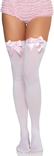 Vista 3 de Leg Avenue Muslos altos de satén con lazo para mujer blanco/rosa claro