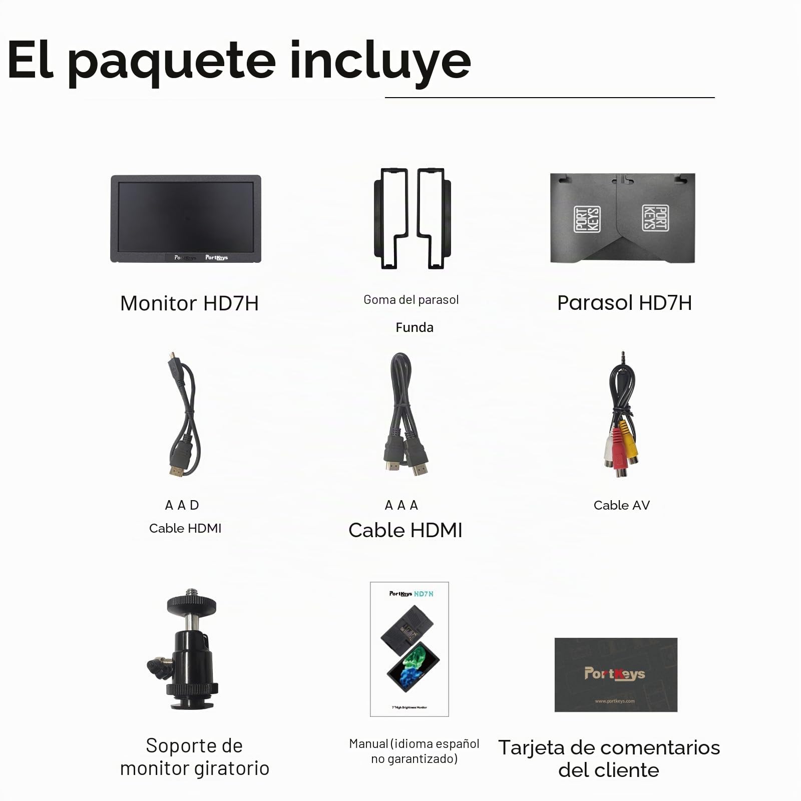 Portkeys HD7H Monitor de Campo para Cámara 7" 1000nits Entrada HDMI 4K Pantalla Mate Antirreflejo con Parasol para Cámaras DSLR