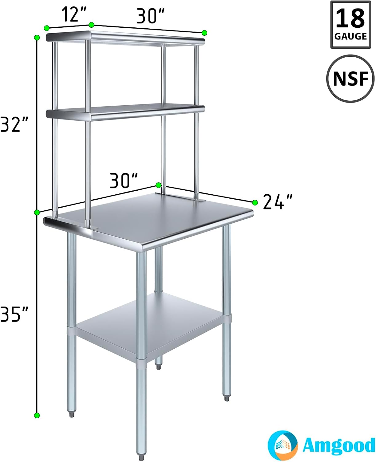 AmGood Stainless Steel Work Table with 12" Wide Double Tier Overshelf | Metal Kitchen Prep Table & Shelving Combo | NSF (Stainless Steel Table with Double Overshelves, 30" Long x 24" Deep)