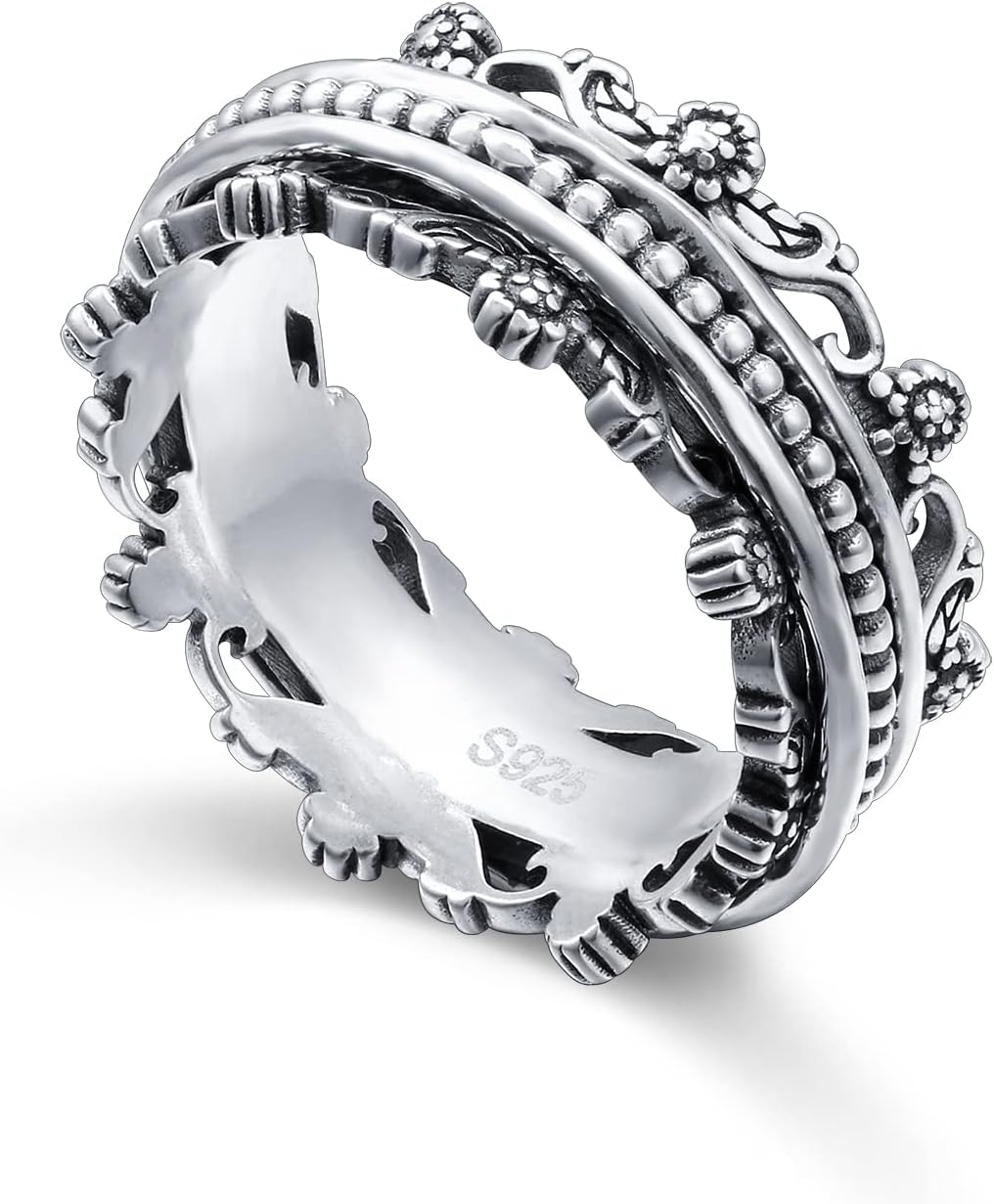 YinShan Daisy Wide Band Spinner Ring 925 Sterling Silver Fidget Rings for Anxiety Stress Relieving ADHD Autism Rings Women