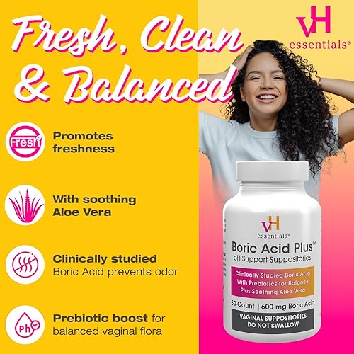 Miniatura 4 de vH Essentials Supositorios vaginales de ácido bórico más prebióticos infundidos con aloe vera relajante, fórmula de apoyo de pH combate el olor
