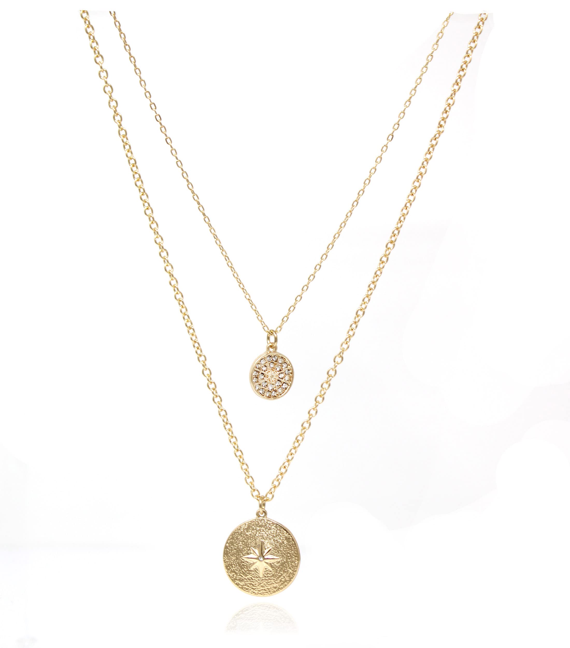 POMINA Gold Circle Square Geometric Pendant Necklace Gold Coin Pendant Layering Necklace for Women