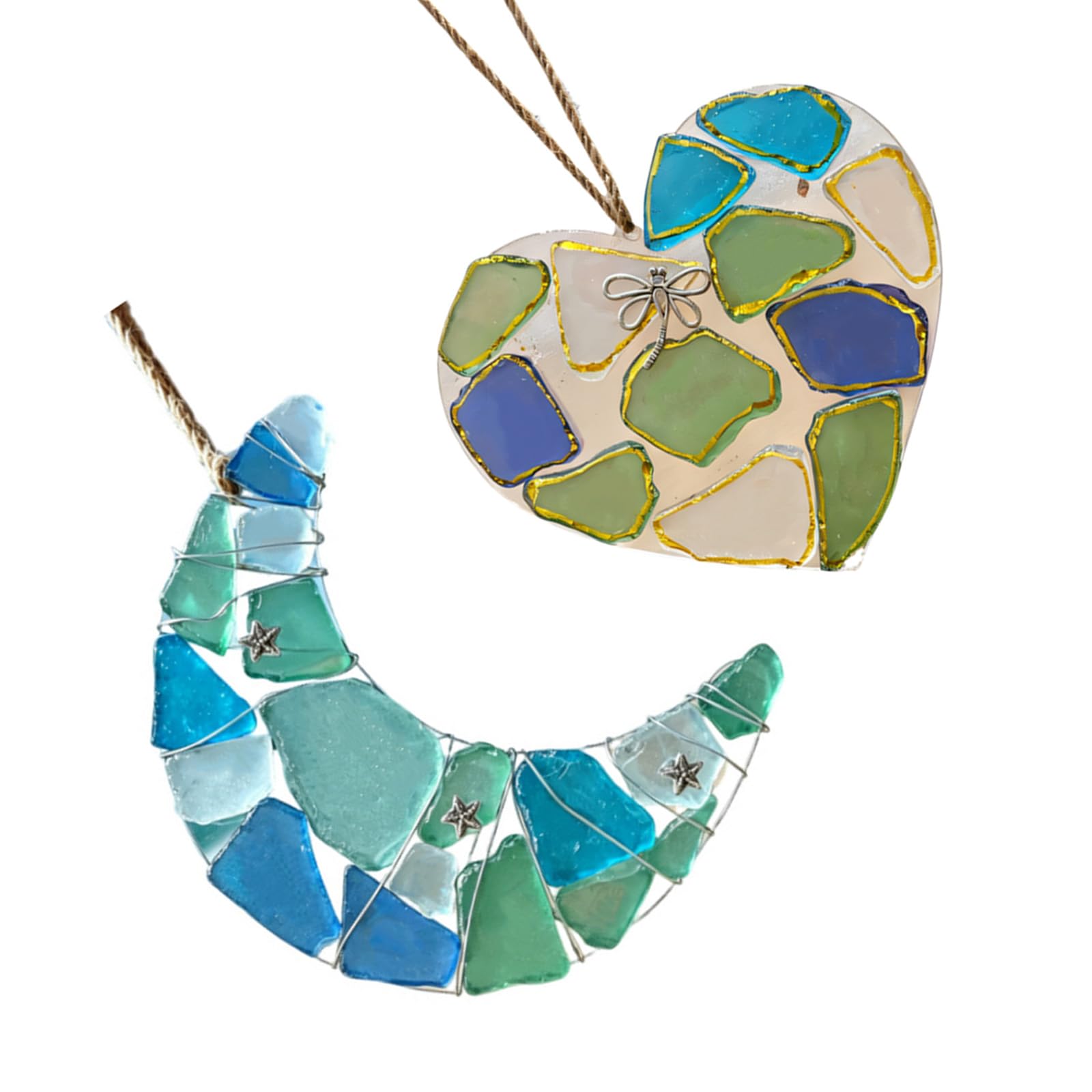 Sea Glass Moons/Heart Ornament Coastal Christmas Tree Hanging Decors Oceans Xmases Pendants Decors Beach Lover Gift Beach Christmas Decorations