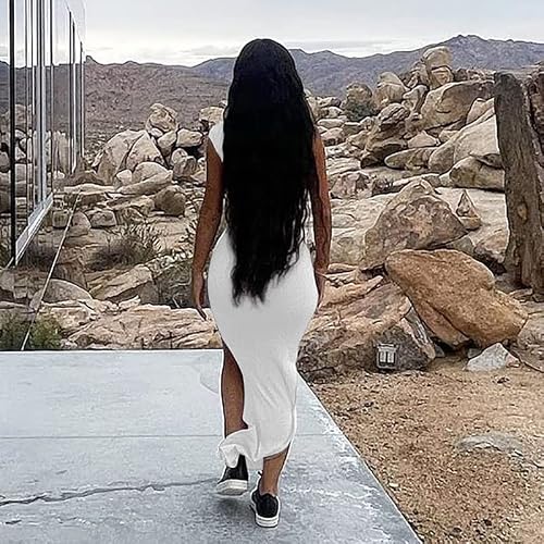 Sexy Maxi Dress For Women Summer Bodycon Sleeveless Ribbed Side Slit Cocktail Club Maxi Birthday Dresses White Xl #TOP2