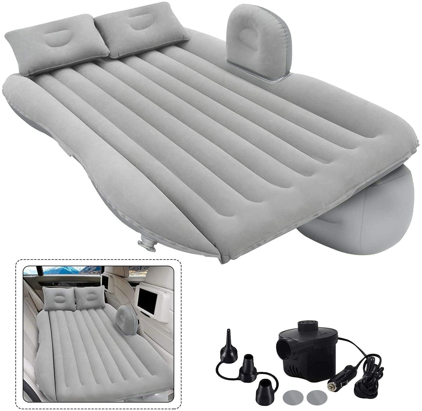 Greenhood Polyvinyl Chloride (PVC) Multifunctional Inflatable Car Bed Mattress with Two Air Pillows Car Air Pump and Repair Kit Camping Picnic Pool & Beach Universal Fit (Grey)-image-39