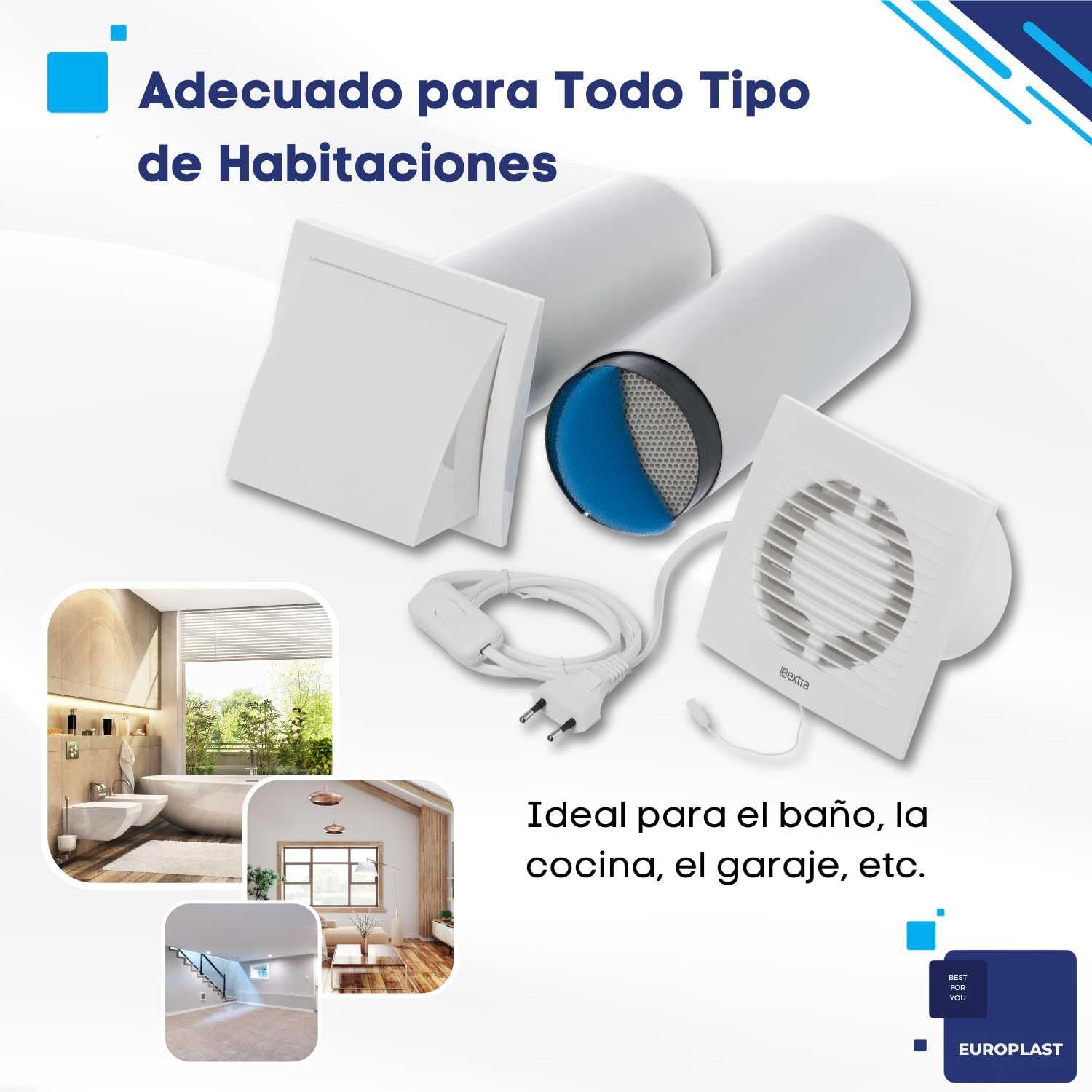 EUROPLAST Ø 100mm Recuperador de Calor con VMC Doble Flujo - Ventilación Forzada Extractor de Aire - Recuperador Calor Ventiladores Con Cable