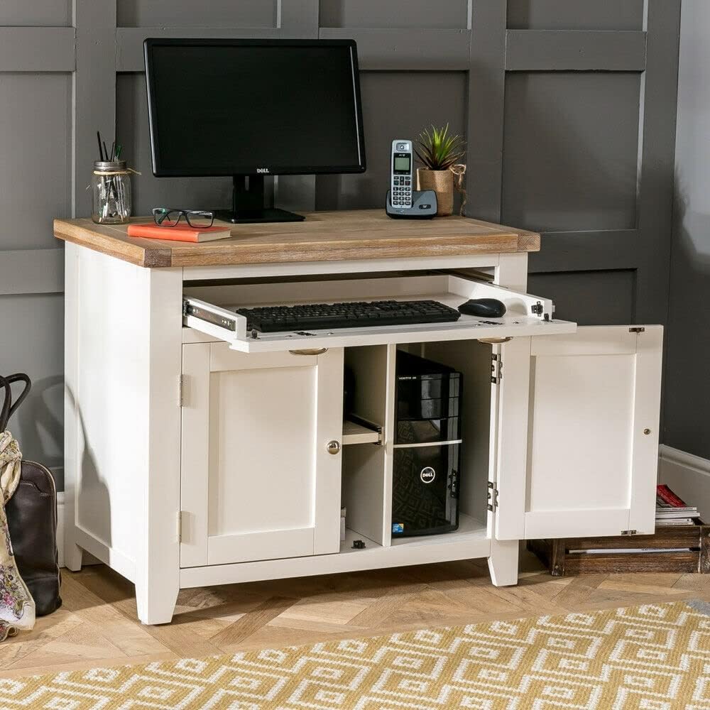 DbHFgjMN Home Office Desk Cream Painted Hideaway Computer Desk Printer Cupboard Industrial