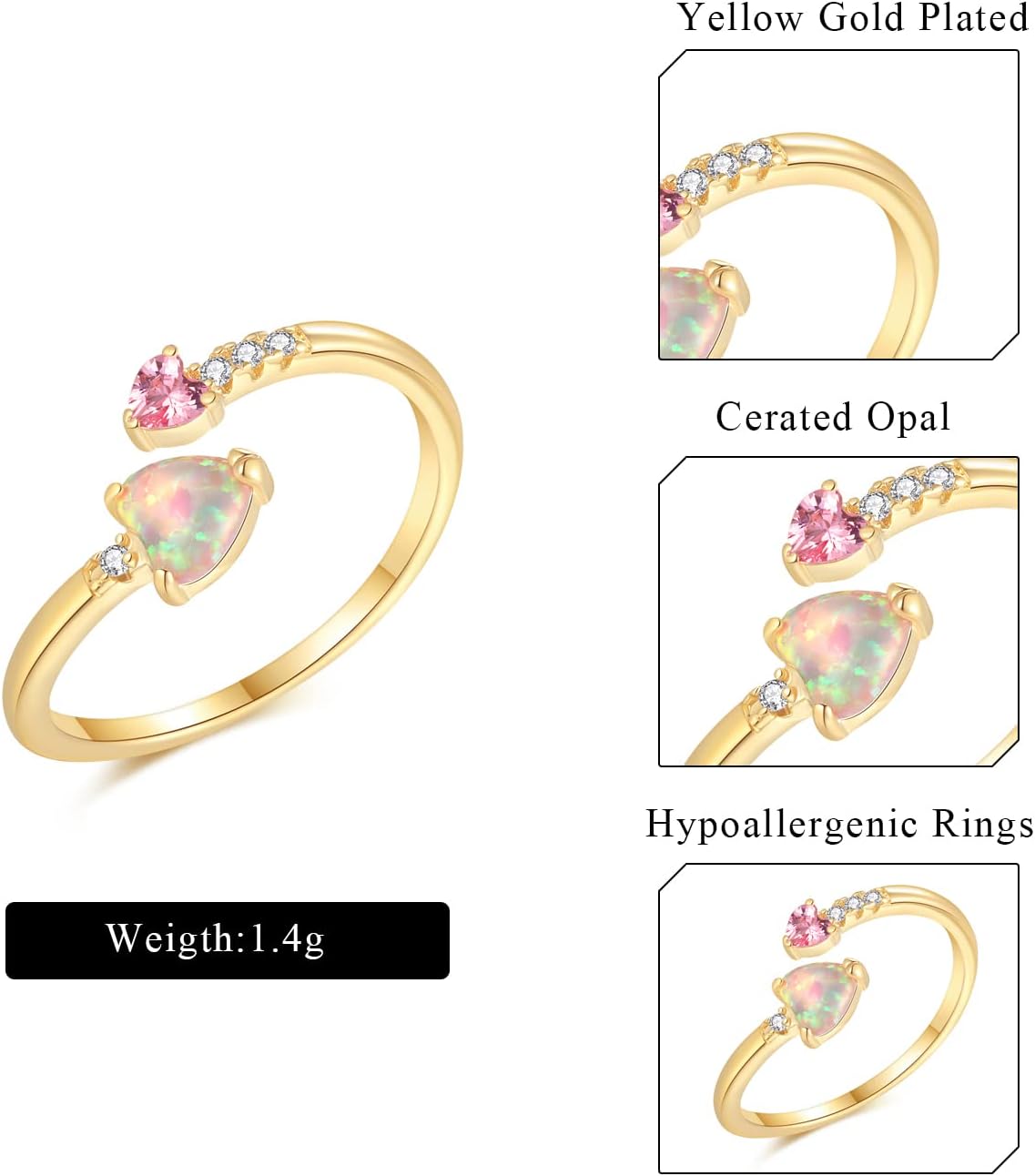 Adjustable Opal Ring for Women Teen Girls Ladies 14K White Gold Plated Heart/Oval Shape Stacking Rings Fire Opal Jewelry for Teen Girls - Image 6
