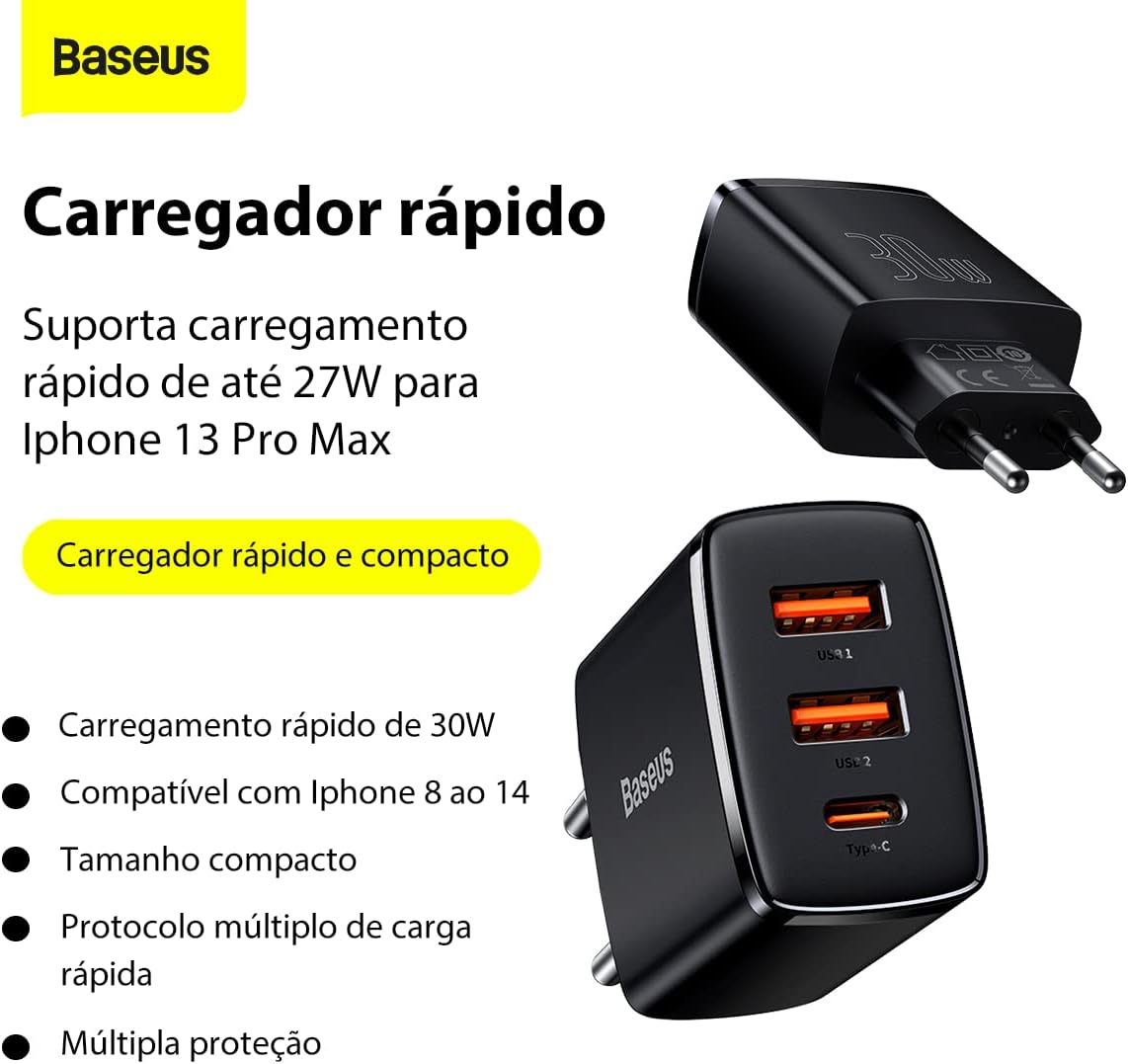 Carregador de Parede Baseus Compact Quick Charger 2U+C 30W Preto