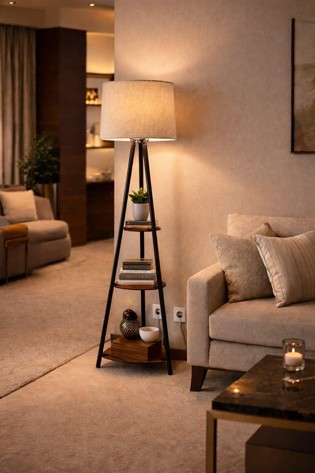 Tripod Floor Lamp with 3-Tier Wooden Shelves, Beige Fabric Shade, Black Metal Frame, Living Room Decor-image-32