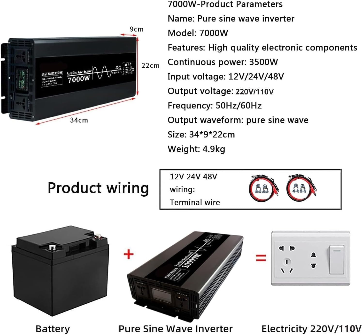Voltage Converter Voltage Converter 4500W 7000W 10000W Inverter 12V 24V 48V to 110V 220V Voltage Converter Inverter converte with Socket for Car Device(7000W,48V)