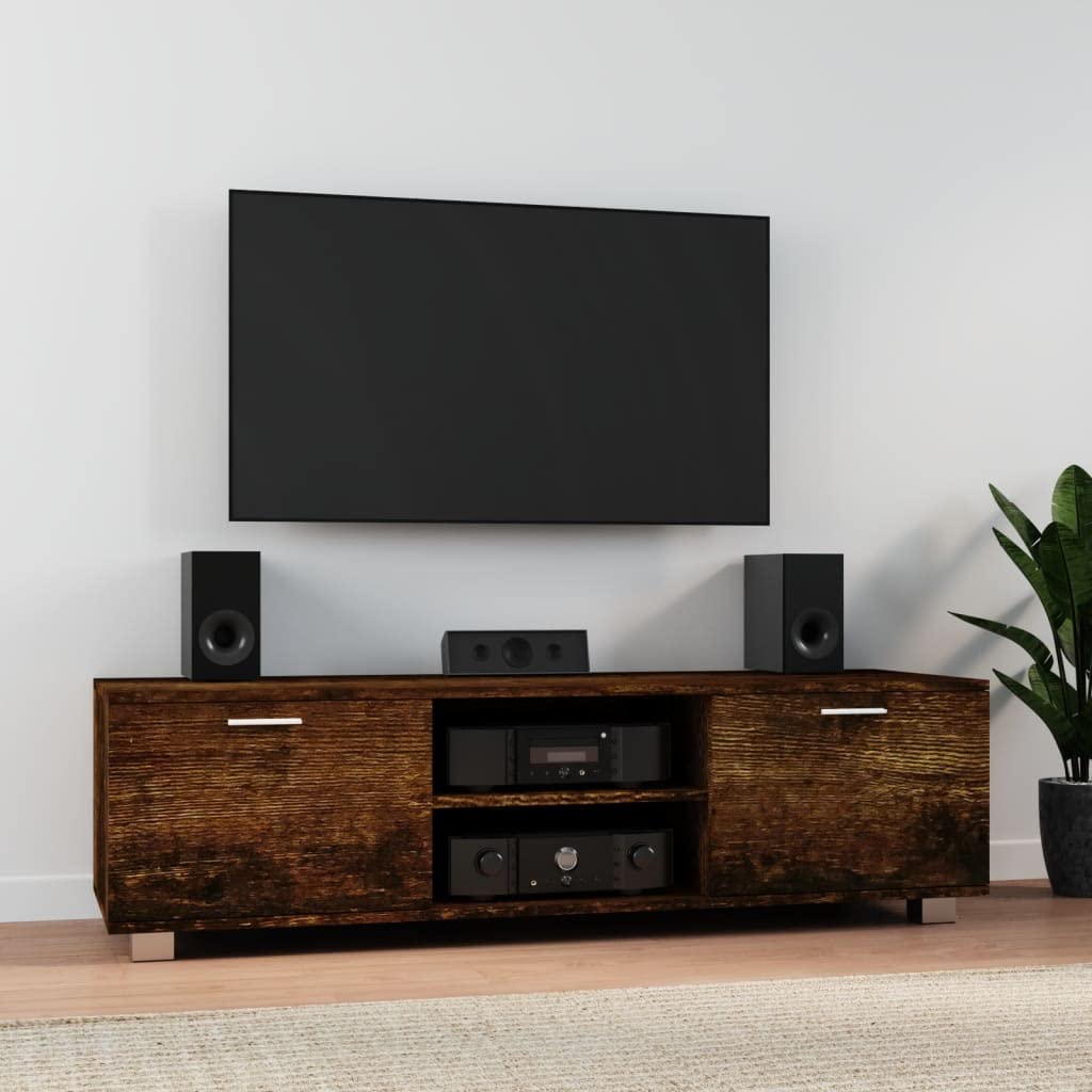 Szafka pod telewizor, dąb wędzony, 140 x 40,5 x 35 cm, materiał drewnopochodny z 4 przegródkami, otworami na kabel, miejsce do przechowywania do salonu, niski, kredens, tablica na media