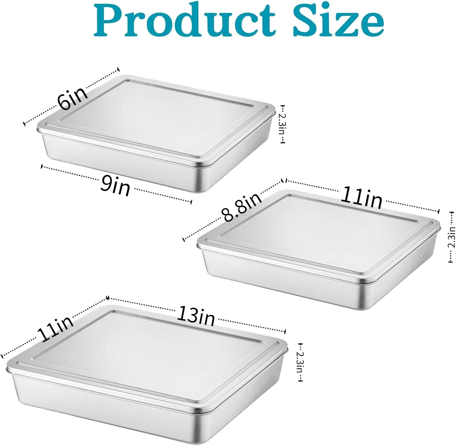 3 Pcs Stainless Steel Cake Pan with Lid,Rectangular Cake Pans, Sheet Pan Bakeware forFish Meat Vegetable, Commercial Brownie Pans Baking Dish for Lemon Bars, Dishwasher