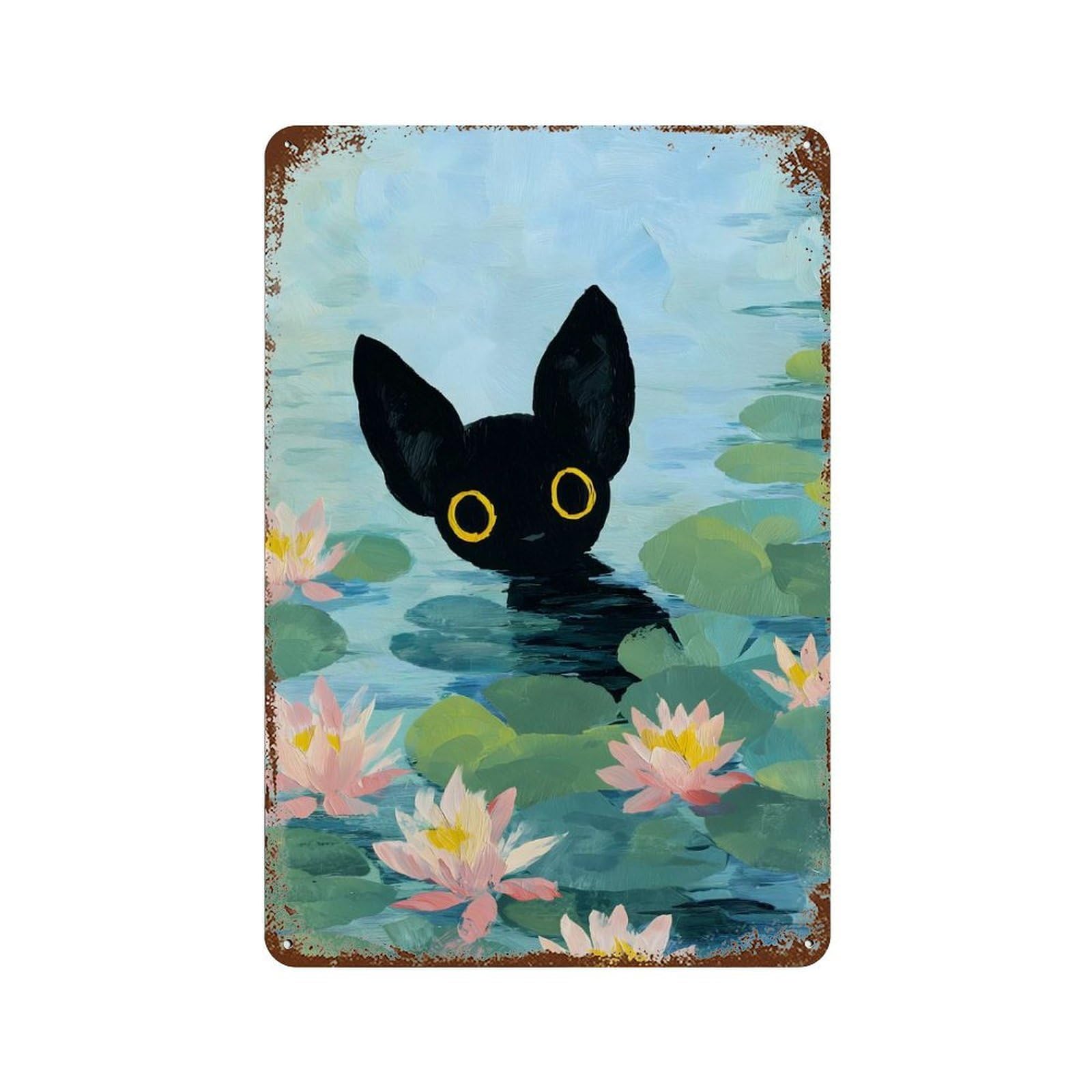 Black Cat in Lily Pond Painting Vintage Metal Tin Sign 11.8"x7.9", for Garage, Bar And Workshop Decor, Novelty Wall Decor
