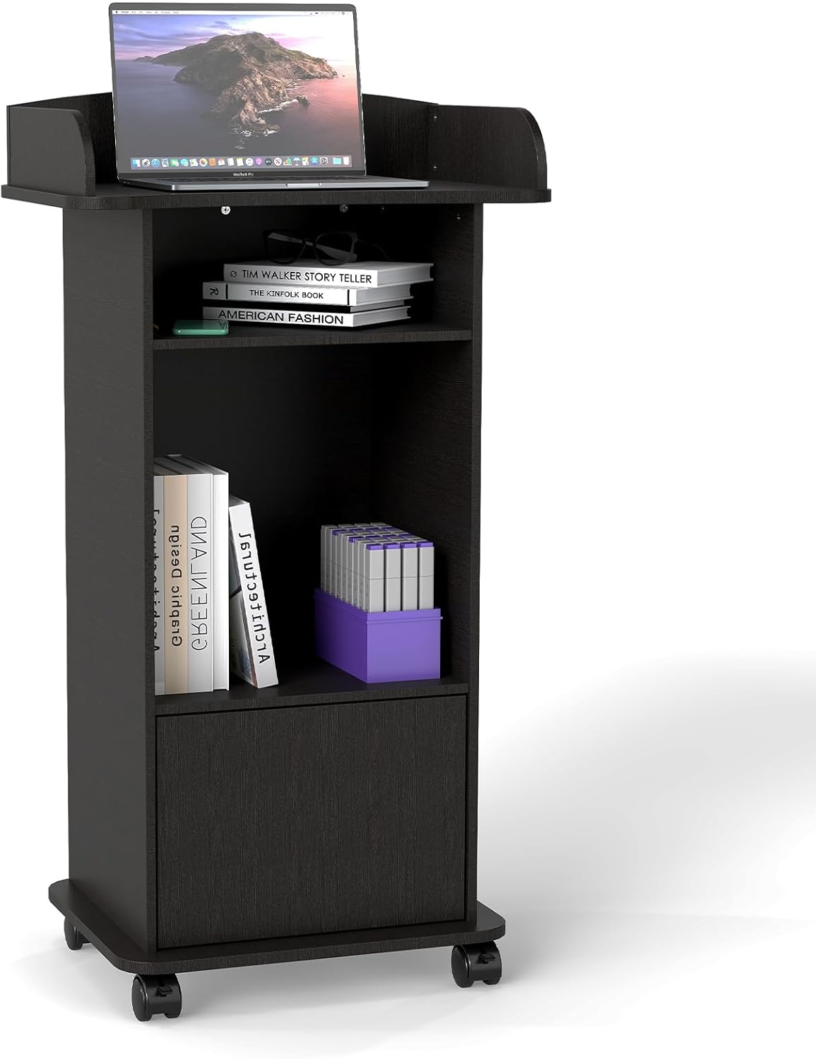 Podium Stand Portable,Mobile Wood Pulpit Podium Hostess Stand Reception Desk with Adjustable Shelf and Lockable Wheels for Churches Conference School Black