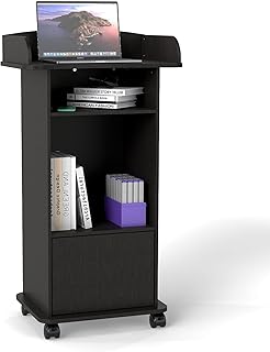 Podium Stand Portable,Mobile Wood Pulpit Podium Hostess Stand Reception Desk with Adjustable Shelf and Lockable Wheels for Churches Conference School