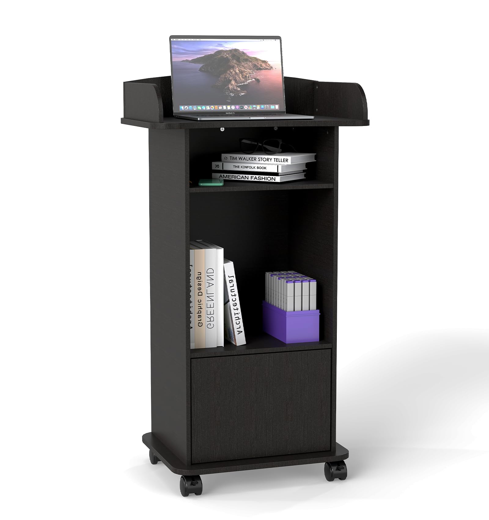 Podium Stand Portable,Mobile Wood Pulpit Podium Hostess Stand Reception Desk with Adjustable Shelf and Lockable Wheels for Churches Conference School