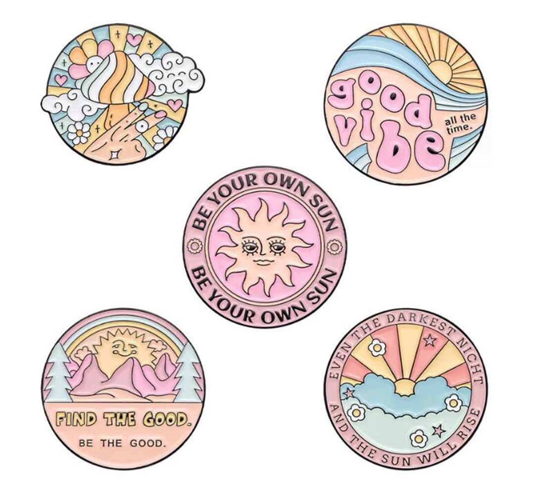 FORINC5pcs Be Your Own Sun Enamel Pins good vibe all the time Brooch Pins Custom Mushrooms Sun Rainbow Brooches Lapel Badges Cartoon Funny Jewelry Decoration For Friends