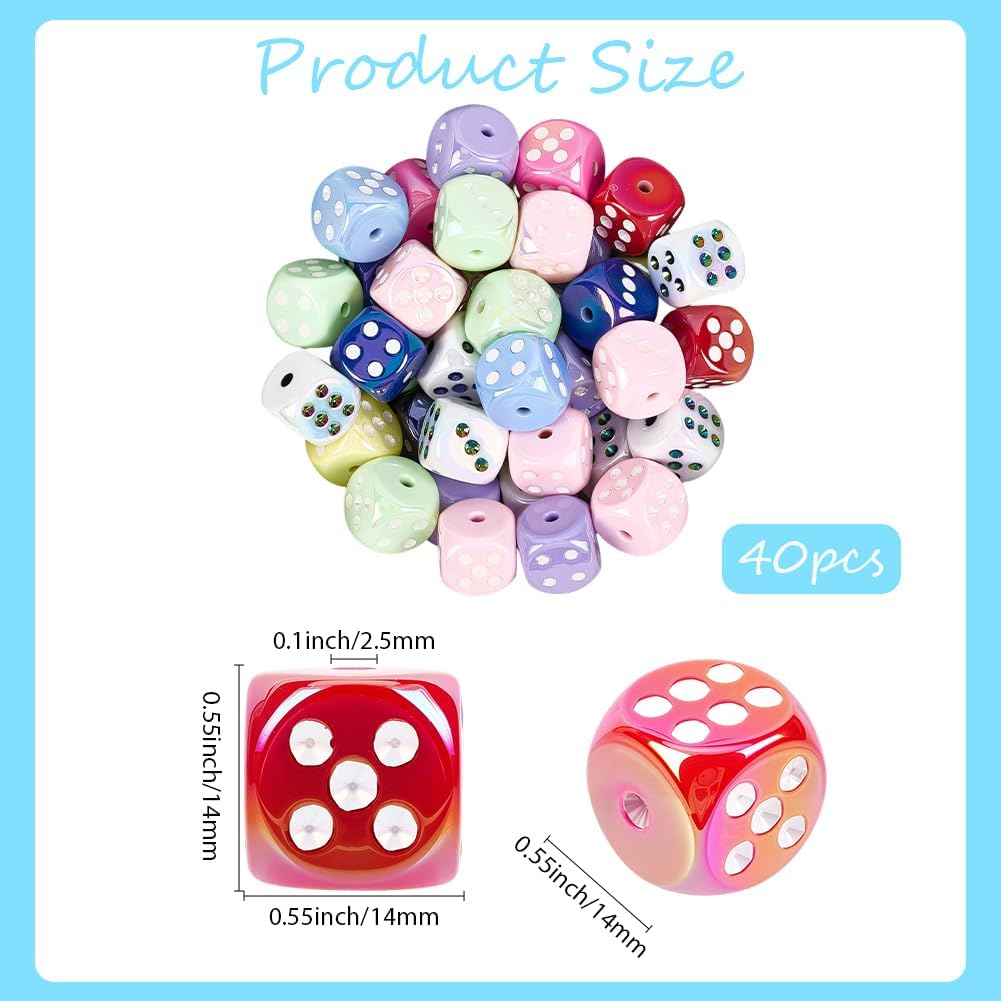 1 Box 40PCS Dice Acrylic Cube Beads with Holes UV Plating 3D Iridescent Mixed Color Rainbow Enamel Shiny Plastic Spacer Loose Charms Bead for Jewelry Making Bracelets Necklaces DIY Craft - Image 2