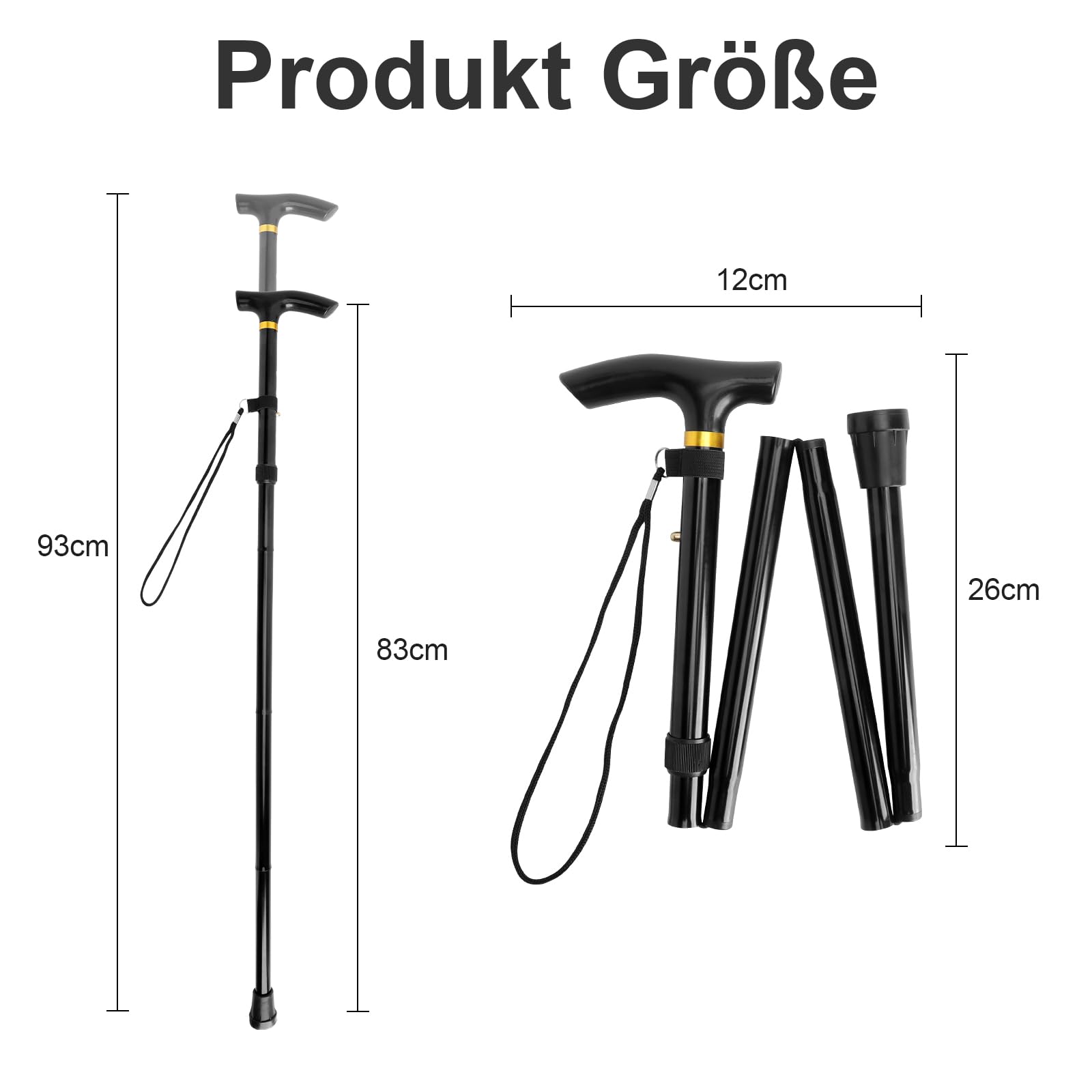 Gehstock Klappbar – 5-Stufig Höhenverstellbarer Faltbarer Gehstock Damen Herren, Rutschfestem Gummifuß, mit Karabiner, Leichter Teleskopstock als Gehhilfe für Senioren, Spazierstock für Reise