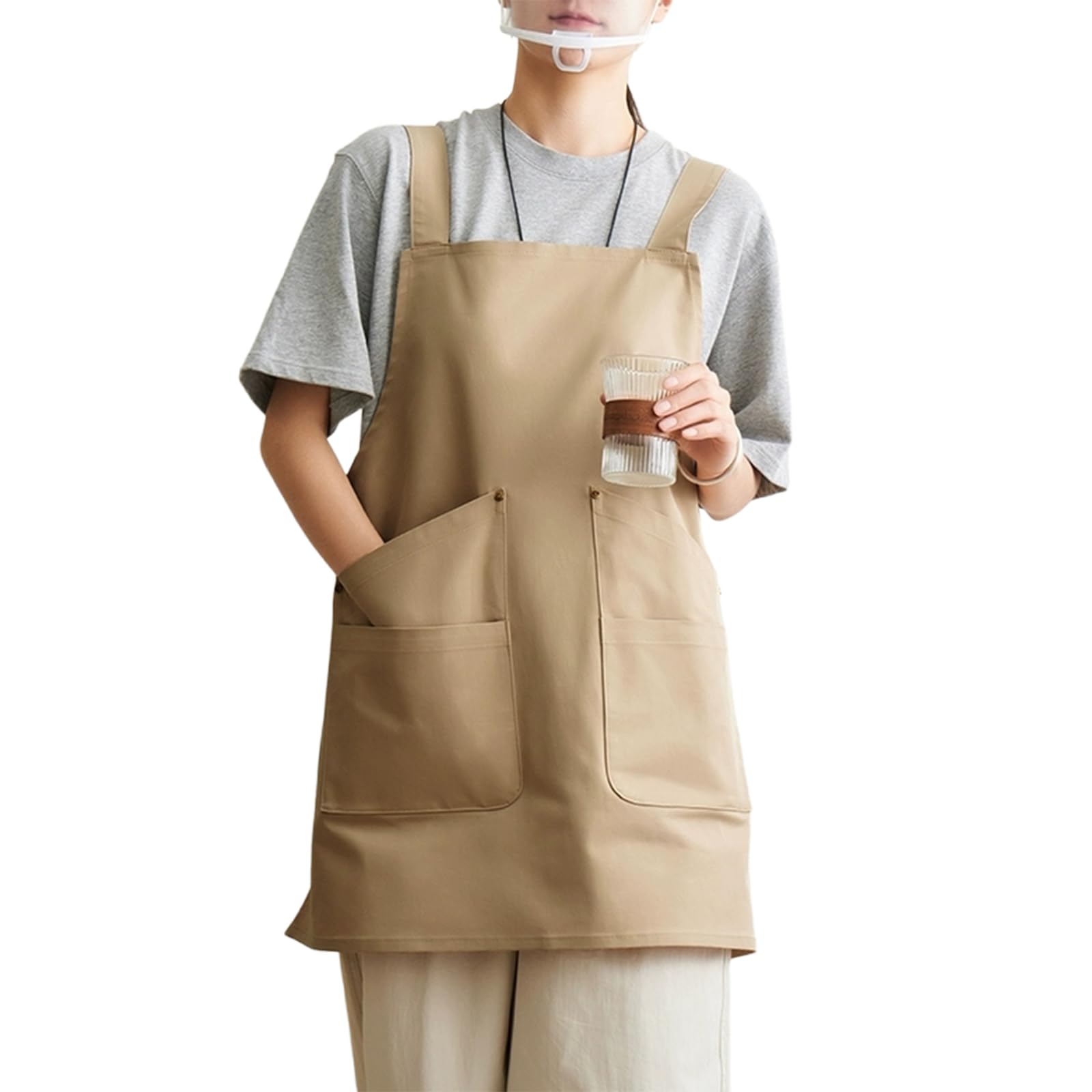 Ajustables Cocina Delantal con 4 Bolsillos para Hombres Y Mujeres, Trabajo Delantal para Camarero Restaurante CaféBeige,One Size