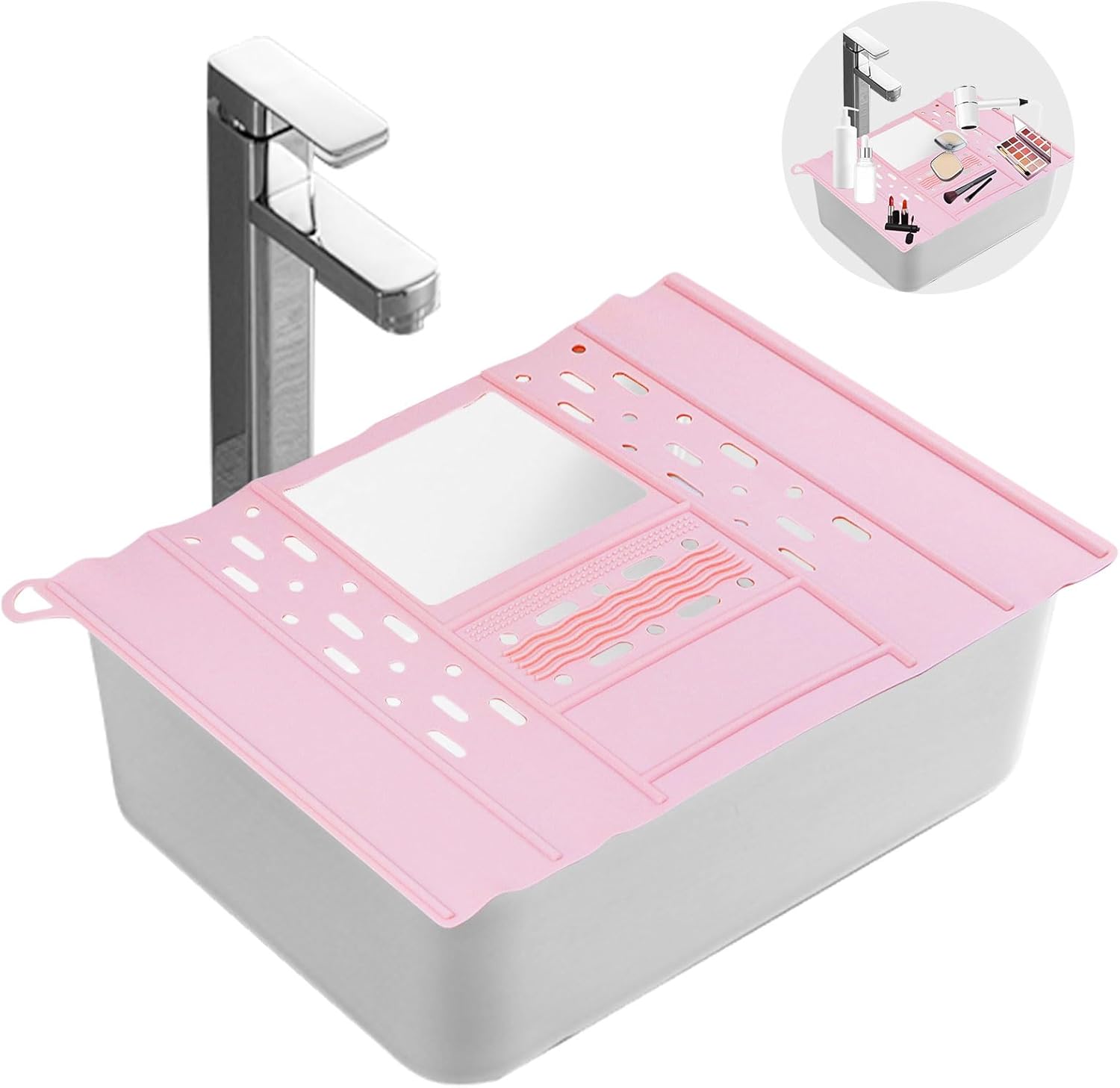 Bathroom Sink Cover,Foldable Makeup Brush Cleaning Mat Silicone Sink Topper for Countertop Heat Resistant Makeup Organizer Mat Space Saving