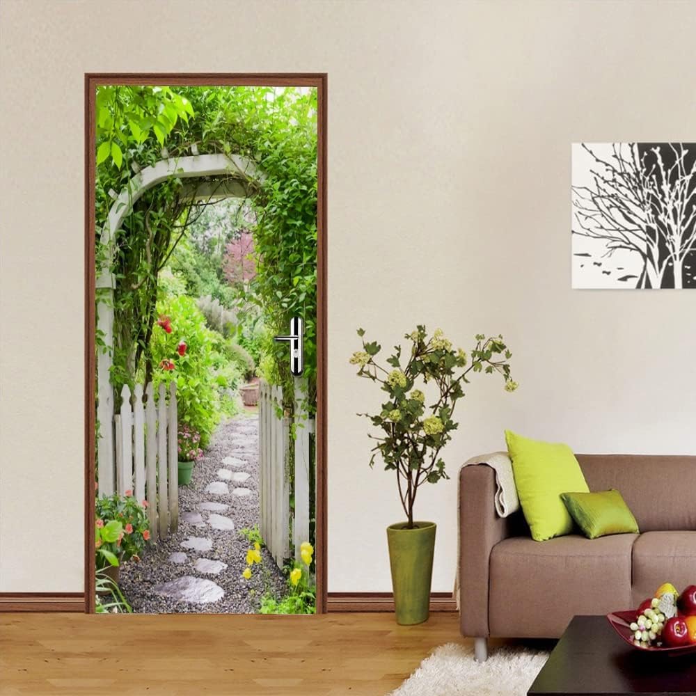Poster porte trompe l'oeil pour transformer votre salon en un magnifique paysage de jardin 3D