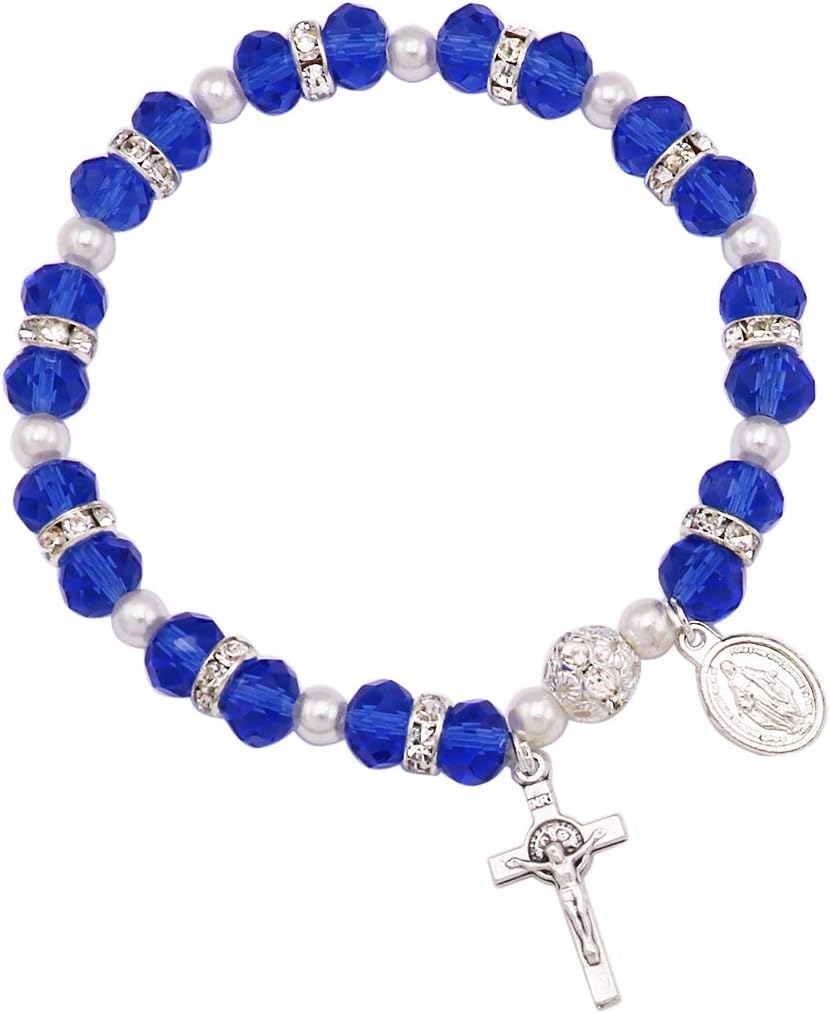 Rosemarie Collections Women's Beaded Stretch Rosary Bracelet with Crucifix and Miraculous Medal