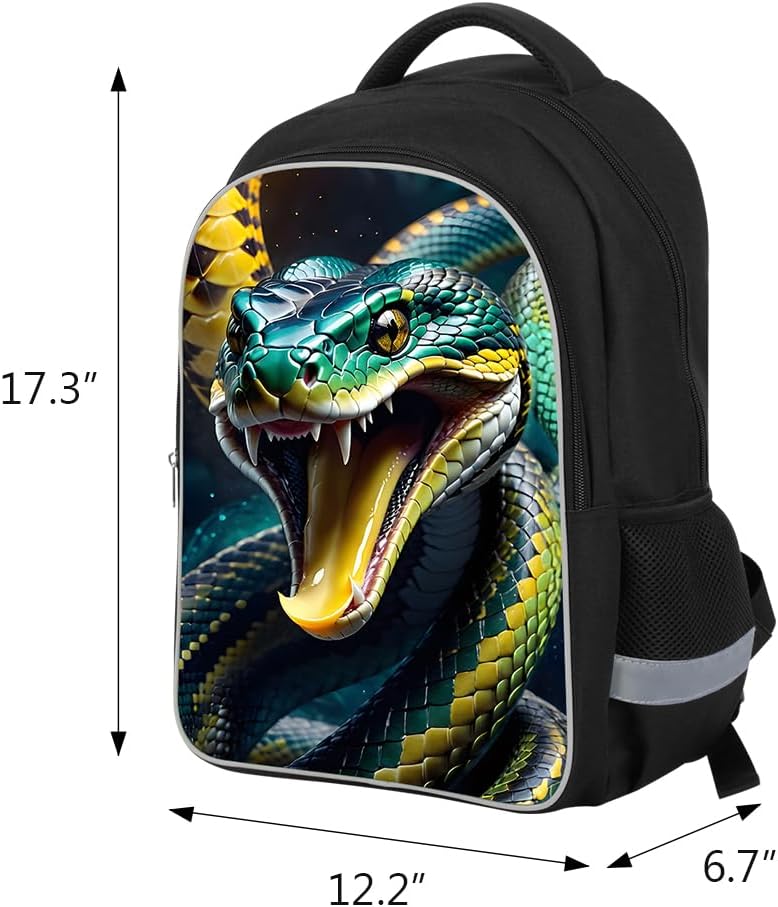 Kids Backpack Lightweight Durable Medium Teens Kids Backpack for School Boys and Girls Bookbag with Adjustable Shoulder Straps & Padded Back 17 Inch School bags with 3D Snake Reflective Cartoon