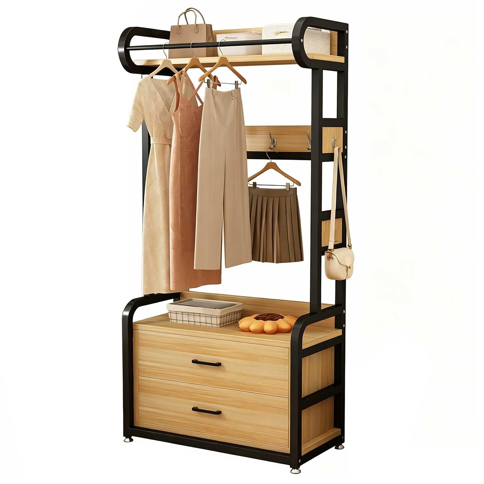 KIBONCY Freestanding Clothing Rack with 2 Drawers & Hooks, Wood Top Garment Rack with Storage Shelf for Bedroom, Entryway, Closet(E,80CM)