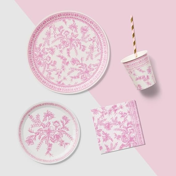 Coterie Pink Toile Paper Cups (Set of 10) - Decorative & Durable Disposable Cups for Bridal Party, Birthday Party, Baby Shower, Tea Party, Spring & Summer Gatherings | 9oz Paper Party Cups