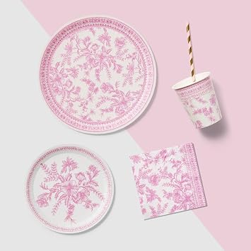 Coterie Pink Toile Paper Cups (Set of 10) - Decorative & Durable Disposable Cups for Bridal Party, Birthday Party, Baby Shower, Tea Party, Spring & Summer Gatherings | 9oz Paper Party Cups