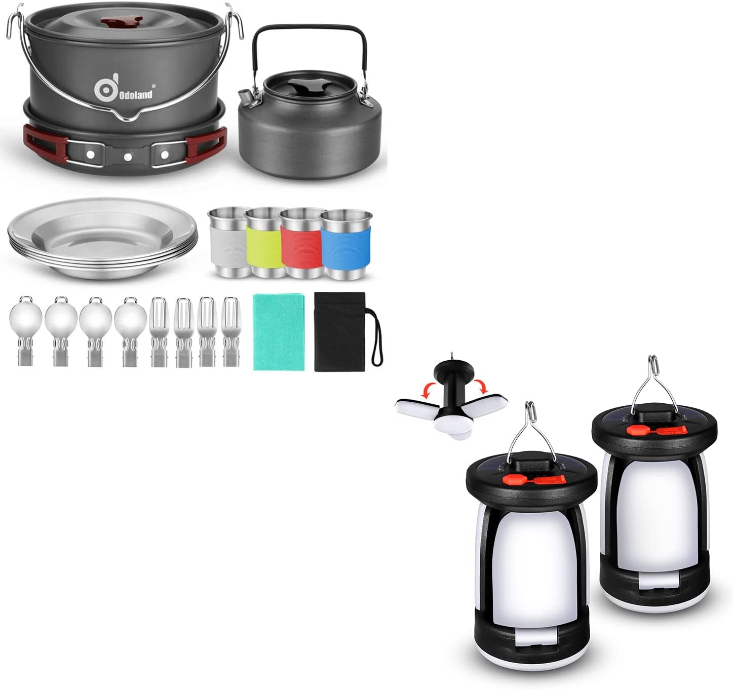 Odoland Bundle 2 Items 22pcs Camping Cookware Mess Kit and 2 Packs Solar Powered