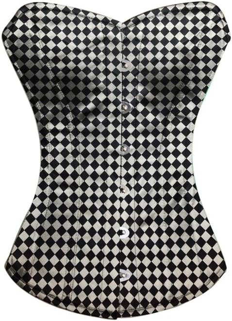 Women’s Black And White Geometric Printed Satin Gothic Costume Overbust Corset Bustier Steel Boned Top