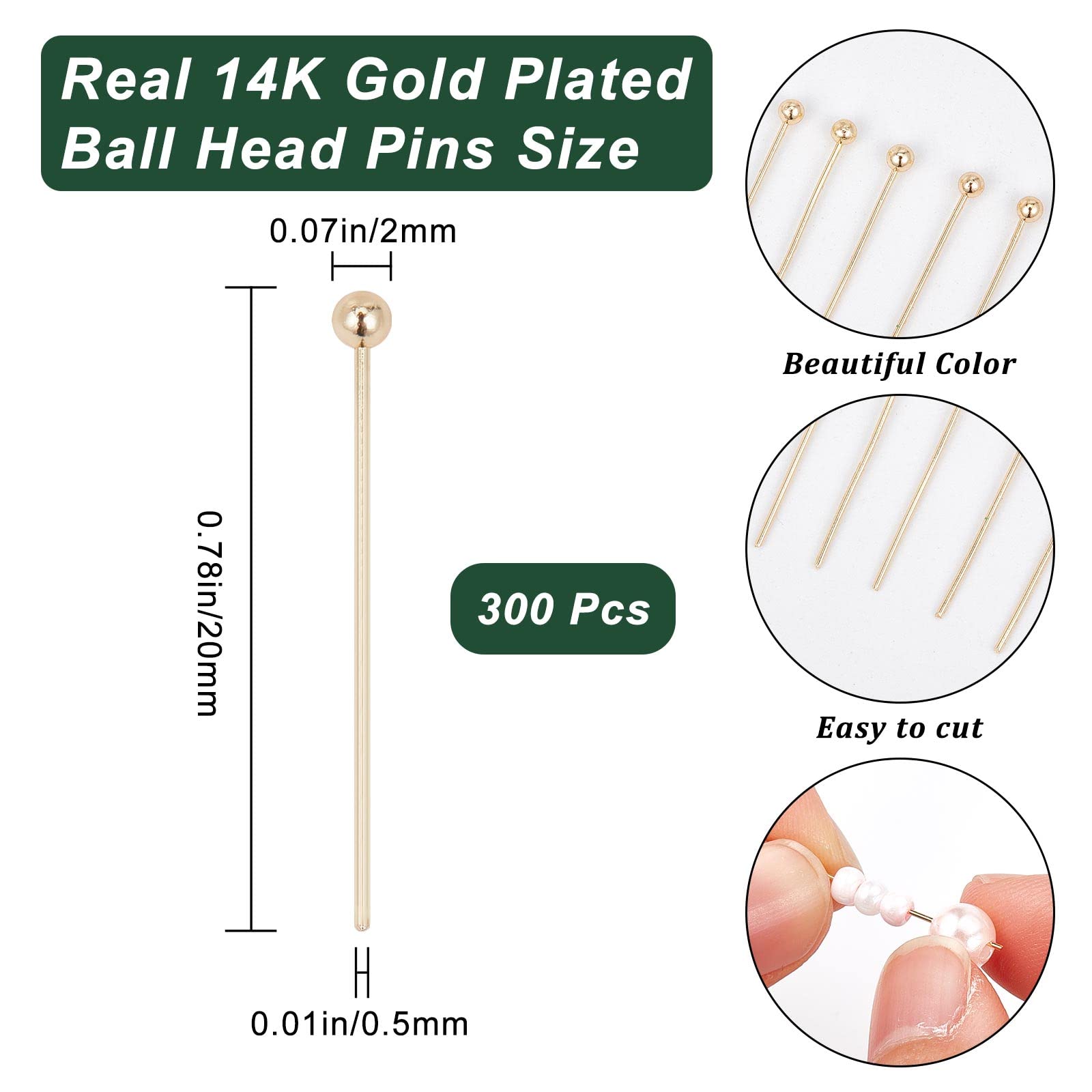 TOAOB 200 Pezzi Chiodini Testa con Pallina Ottone 35x0.7 mm Spilli Dritti per Creazione di Gioielli Fai da Te Collane Orecchini Bracciale Oro e Argento