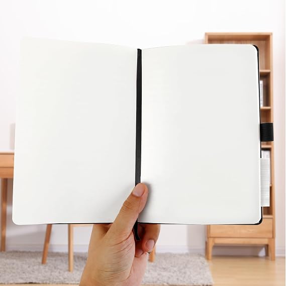 A5 Notebook Blank Journal, 200 Pages Hardcover Leather Sketch Book with 80GSM Plain Paper, Unlined Notepad, Sketchbook for Women Men Work School Drawing, 14.5 x 21cm-Black