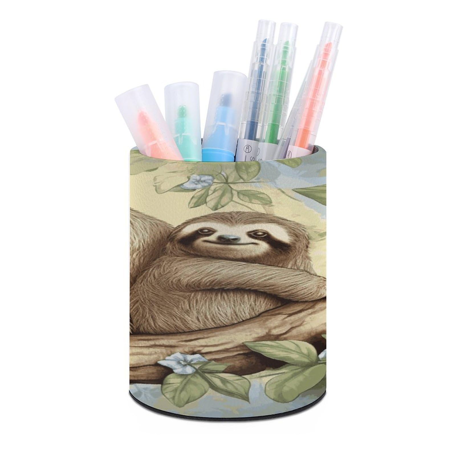 LDGSUPH Sloth Family Round Pen Holder Leather Pen Cup Pencil Cup Pen Organizer Pencil Holder for Desk Organizer Pencil Organizers Makeup Brush Holders for Home Office Gift