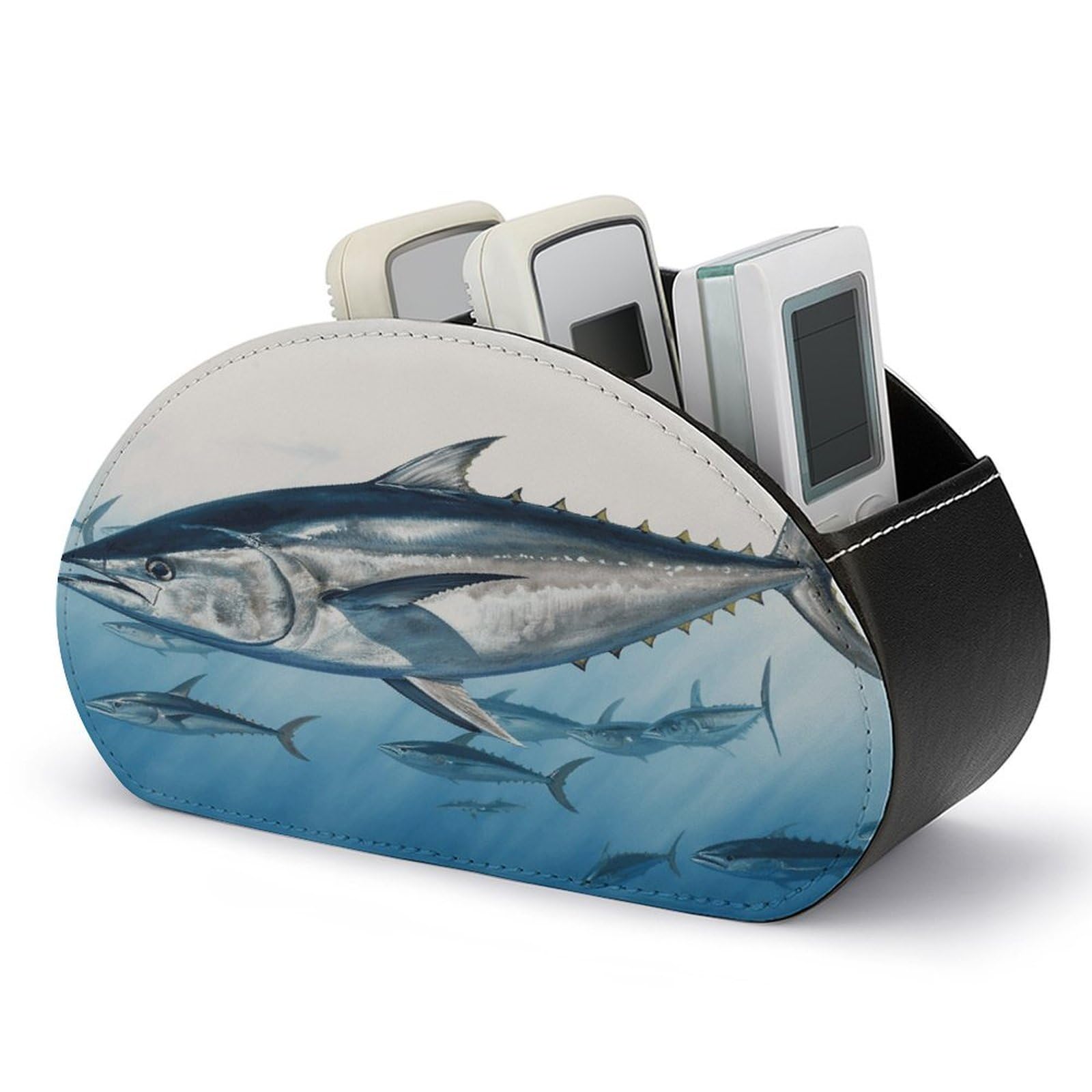 FekiLoot Bluefin Tuna Thunnus Remote Control Holder, PU Leather Remote Control Organizer Box Stationery Remote Control Box Desk Storage Organizer for DVDs,Glasses,Pens,Media Players
