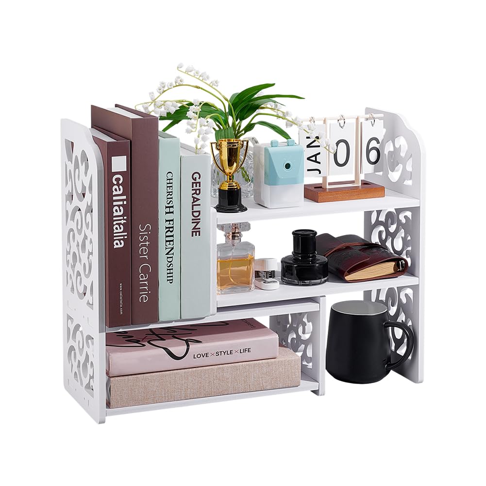 PH PandaHall Étagère de Bureau Bibliothèque en Bois Étagères de Bureau Réglables Organisateur de Bureau Blanc Bibliothèque d'Angle Organisateur de Table pour Bureau Maison Bureau Rangement, 62x17x39cm