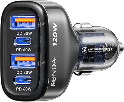 SUNDA Cargador rápido USB C de 120 W, adaptador de cargador de coche de 4 puertos, doble tipo C PD60WPPS60W compatible con iPhone1413