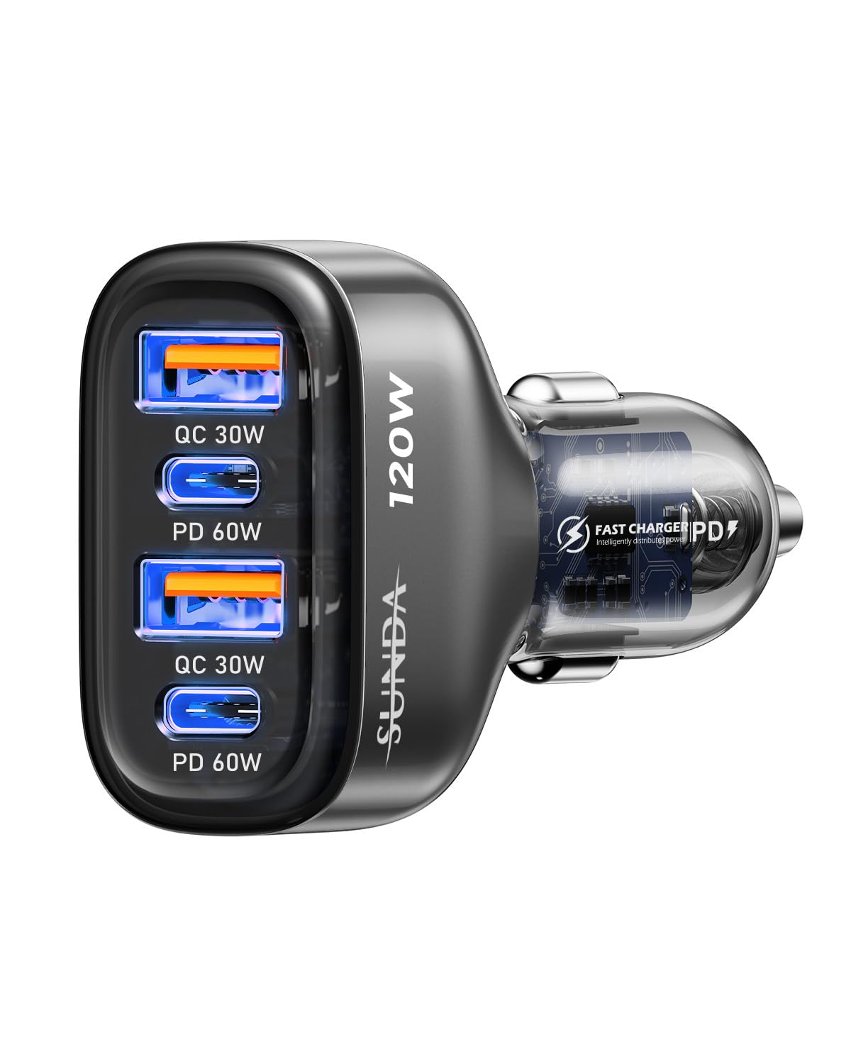 SUNDA 120W USB C Fast Car Charger, 4-Ports Car Charger Adapter, Dual Type C PD60W/PPS60W Compatible with iPhone15/14Pro/Max/iPhone13/Galaxy/SamsungS23, Dual USB-A 18W QC3.0 for Android(Gray)
