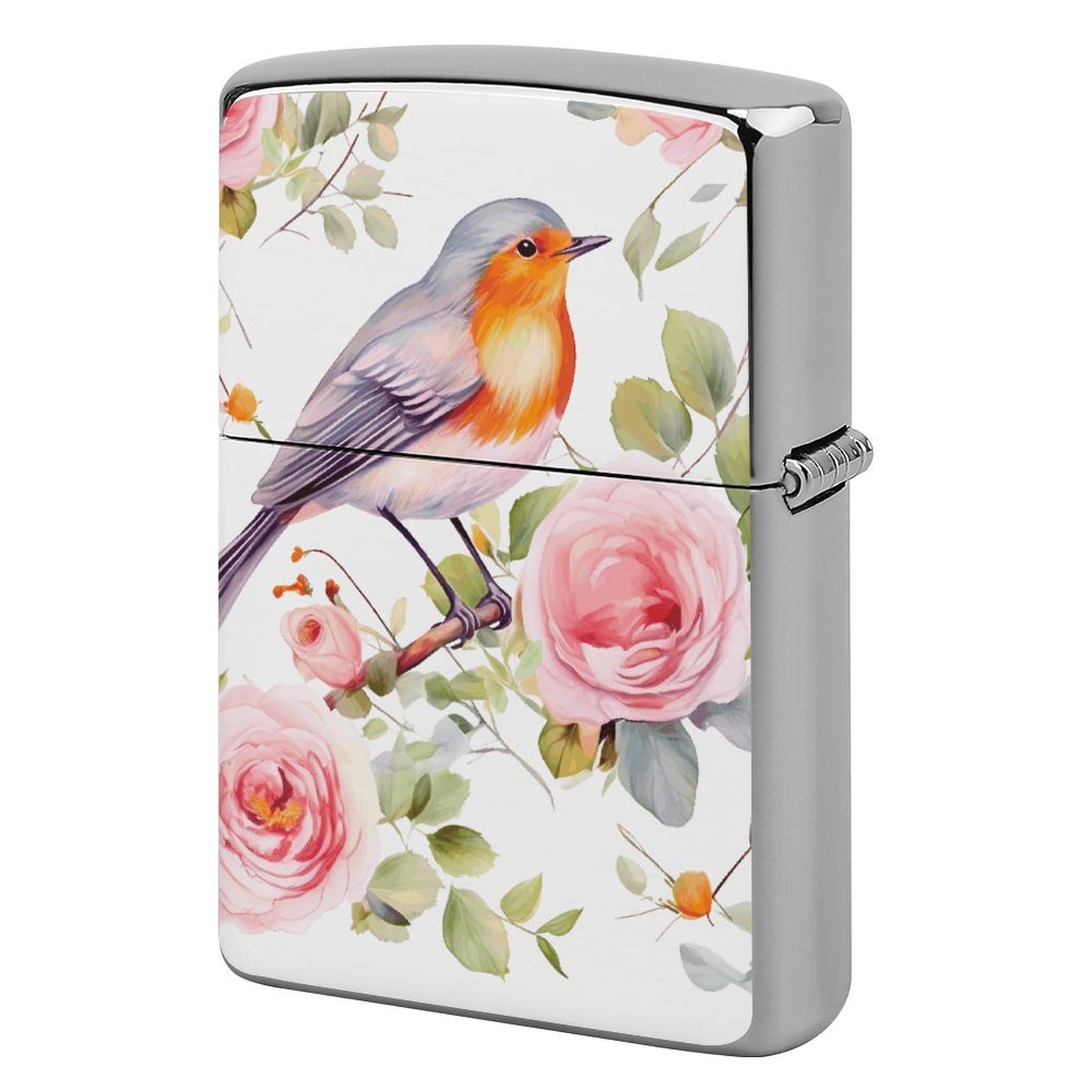 Floral Print Watercolor Robin Bird Lighter Case Cover Vintage Metal Lighter Sleeve Reusable Lighter Protective Cover Decorative Lighter Holder Birthday Gifts for Men Women