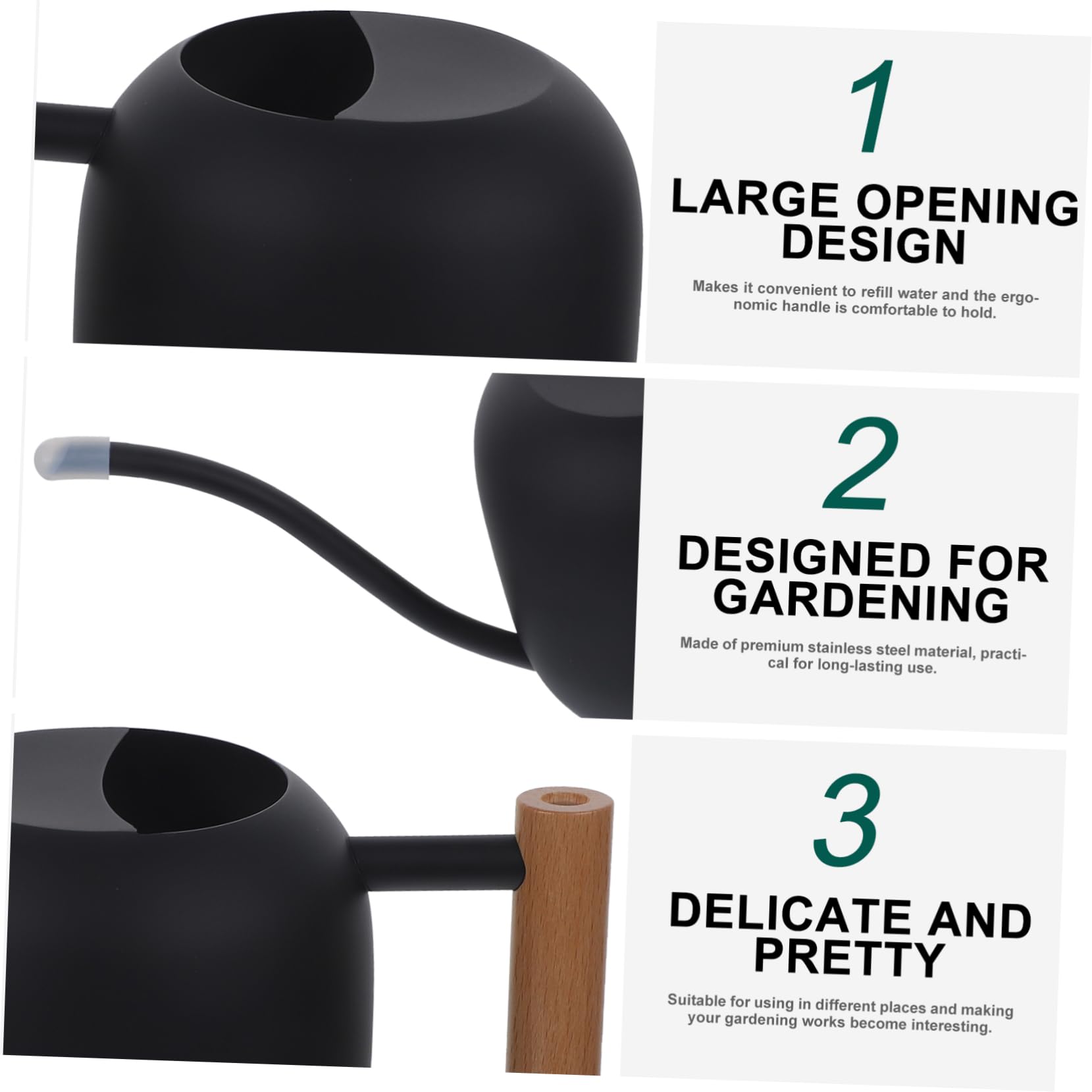 Regadera de Largo 1, 2 L de Acero Inoxidable Mango de Madera | Negro, Asa Ergonómica y Vertido sin Derrames, para Plantas y Suculentas en Casa o Jardín
