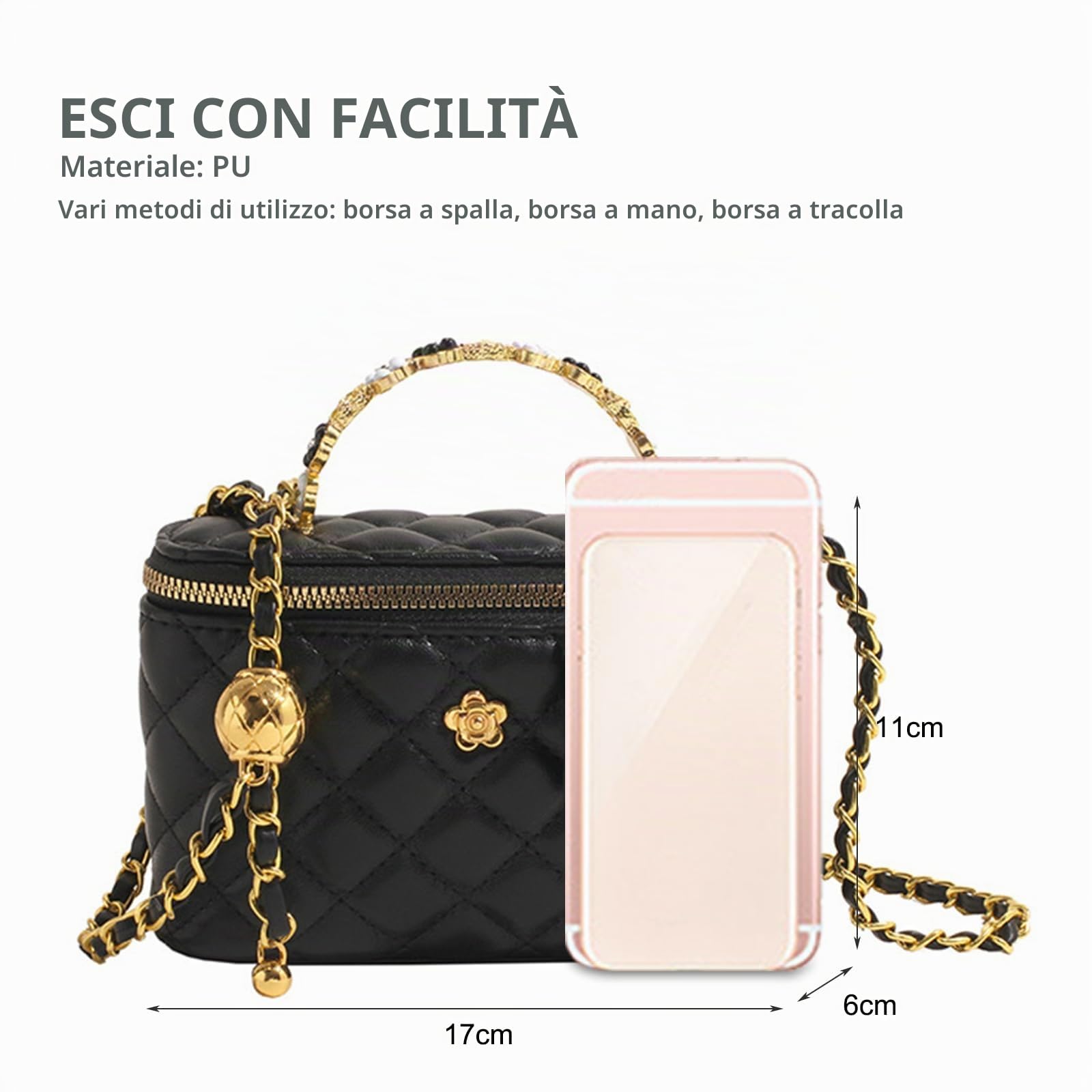 NICOLE & DORIS Borsa a Mano Donna Piccola Borse a Tracolla con Catena Borsa a Secchiello in PU Pelle Borsa Delle Signore Borsette a Spalla Borsa da Sera Nero