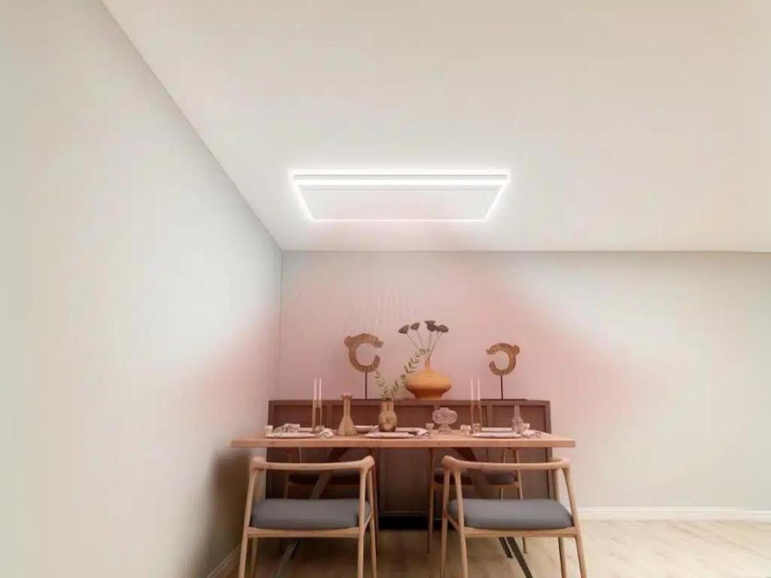 Infrared heating panel installed on a dining room ceiling
