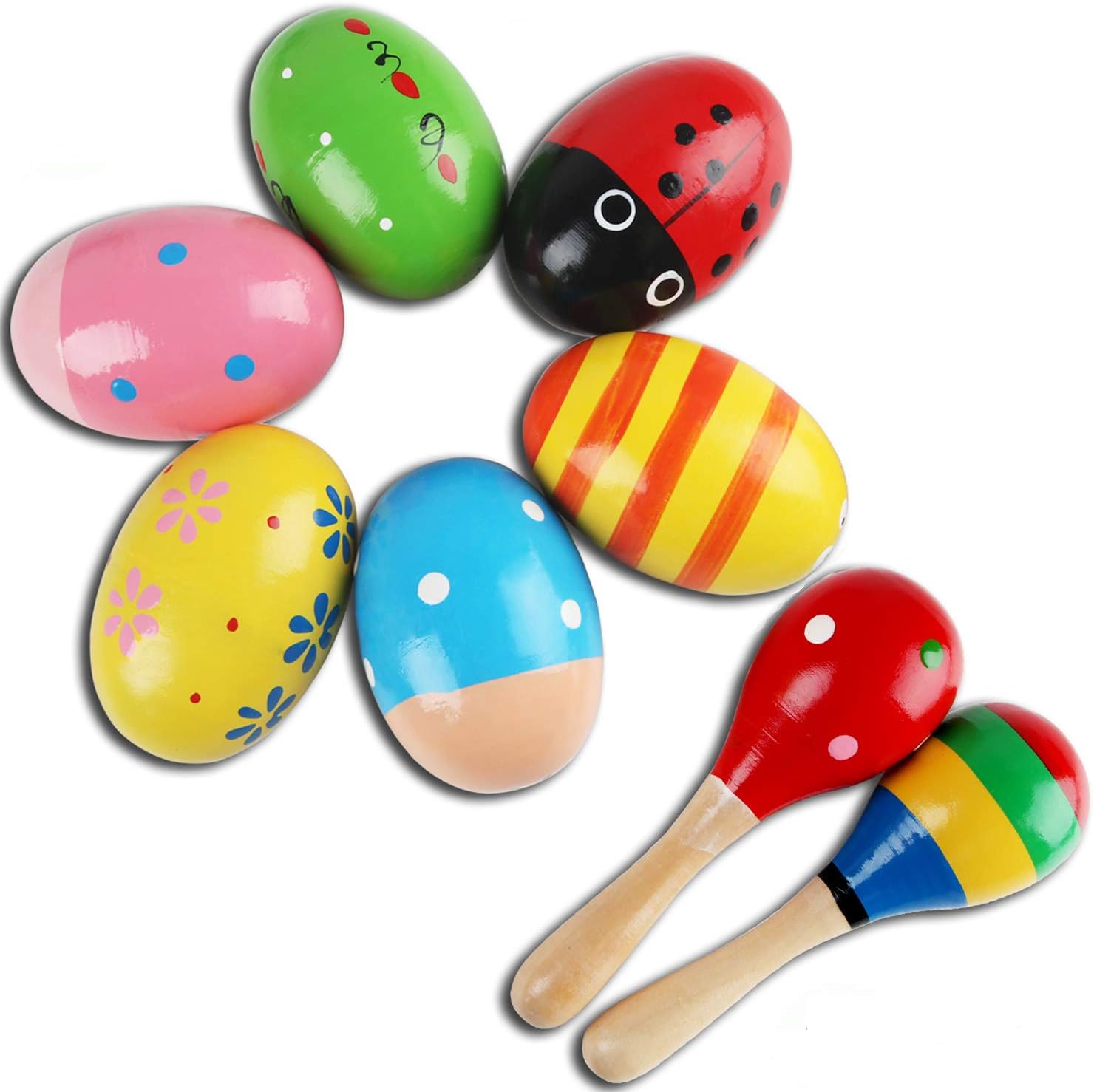 Wooden Maracas Egg Shaker Percussion Musical Egg Maracas for Baby, 6PCS Colorful Egg Shakers + 2PCS Hand Hold Mini Maracas, Wooden Percussion Musical Instruments for Toddlers Easter Hunt