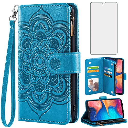 Asuwish Compatible with Samsung Galaxy A20 A30 Wallet Case and Tempered Glass Screen Protector Flower Flip Card Holder Stand Cell Phone Cover for Glaxay M10s A 20 30 Gaxaly 20A SM A205G Women Men Blue