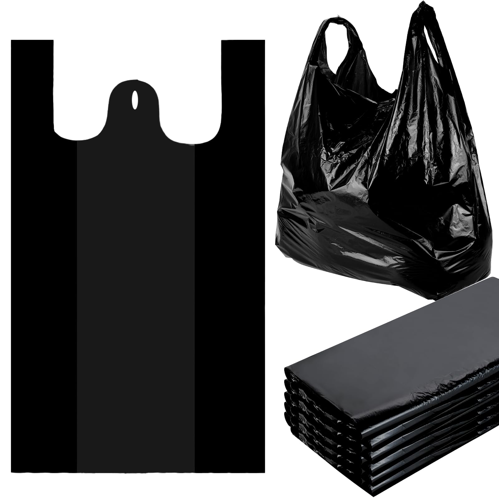Retainbre Lot de 400 grands sacs d'épicerie noirs en plastique avec poignées, pour t-shirt, sacs de courses en vrac, 52,1 x 32 cm, 35 micros très résistants